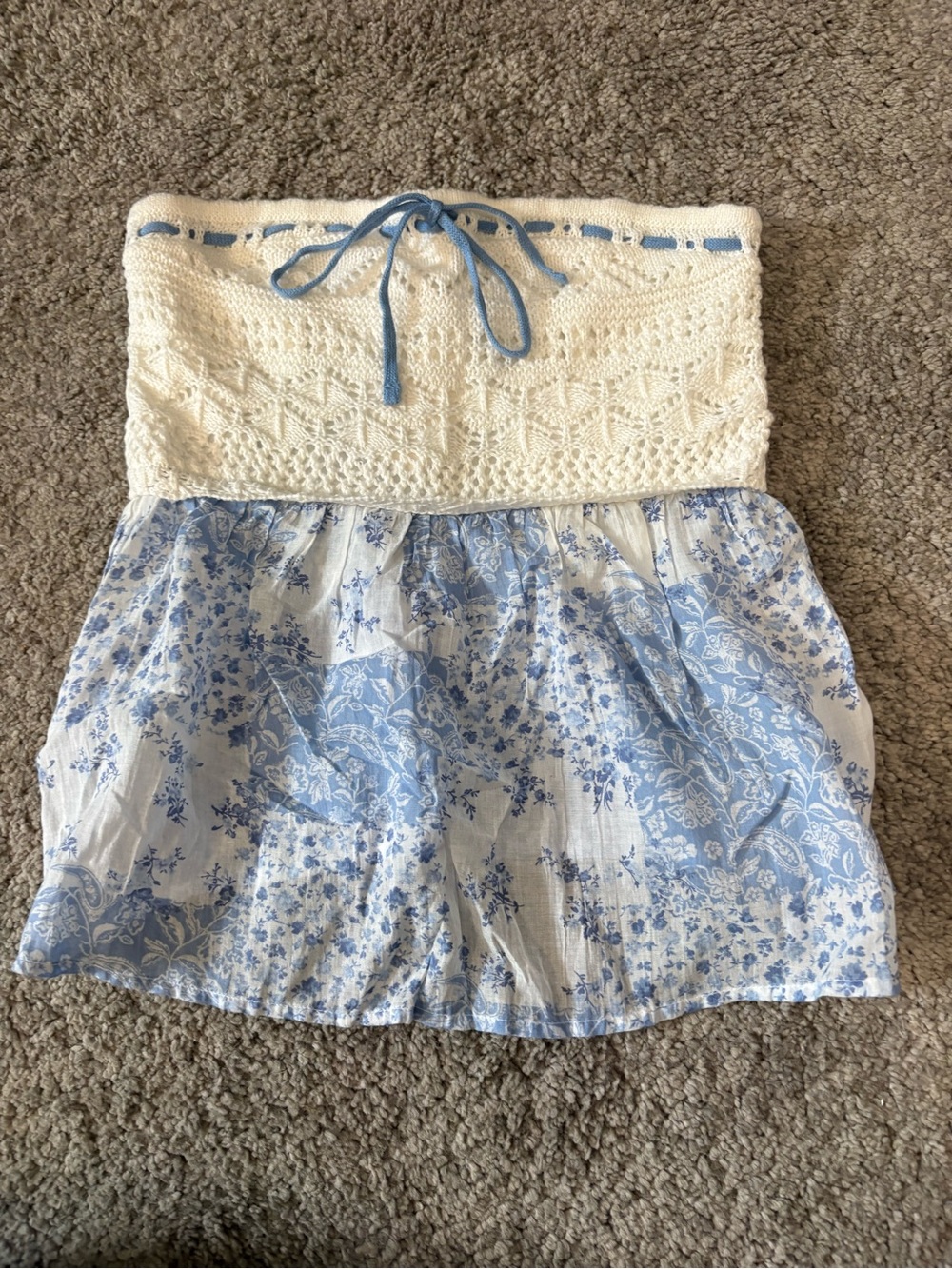 Hollister Cream Crochet Tube Top with Light Blue Floral Print